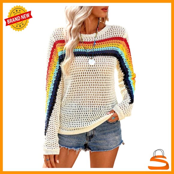 Long Sleeve Crochet Sweater Pullover Striped Knit Top Casual Wear